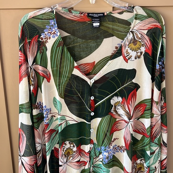 Cha Cha Vente Sz M Oversized Dolman Button Down Mesh Tropical Floral Blouse - Picture 2 of 9